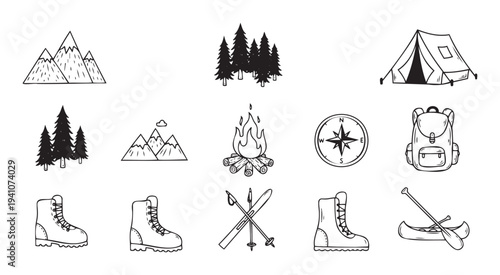 Hand drawn outdoor adventure symbols set including mountains, pine trees, camping tent, campfire, compass, backpack, boots, skis, and canoe ideal for wilderness themed projects.