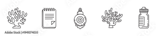 Simple line icons depicting natural coral, a spiral notebook, a marine diving instrument, and a baby feeding bottle, useful for educational content, marine life topics, or general everyday