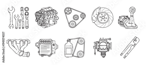 Automotive mechanic workshop equipment and spare parts collection for vehicle service and repair industry related concepts
