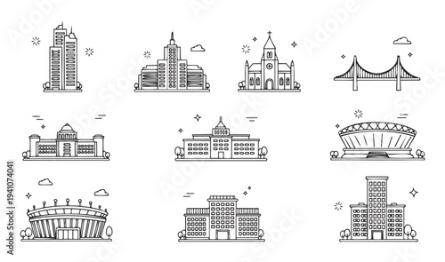 A diverse collection of city landmark icons showcasing architectural structures including skyscrapers, government buildings, churches, bridges, and stadiums, perfect for urban development