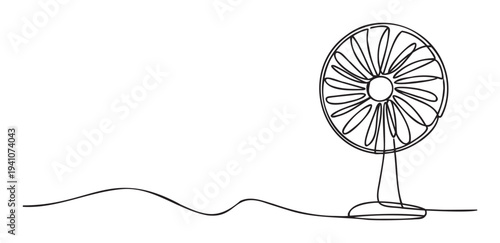 Simple continuous line drawing of an electric standing fan with a power cord, ideal for symbolizing comfort and relief from heat in various graphic communication materials.