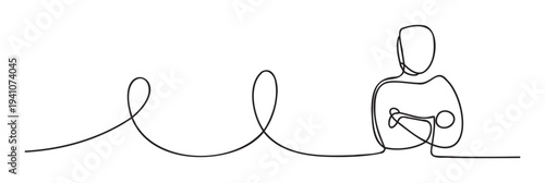 A single continuous line drawing featuring a minimalist faceless person with crossed arms evolving from a fluid abstract wavy line, excellent for conceptual branding, introspection, and