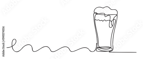 Minimalist one line drawing of a tall glass of frothy beer with a wavy continuous line illustrating simplicity for pubs restaurants and bars menu cards