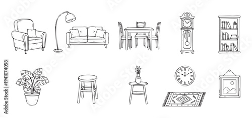 A collection of various hand drawn line drawing home furniture and decor objects for interior room renovation and residential living space decoration projects