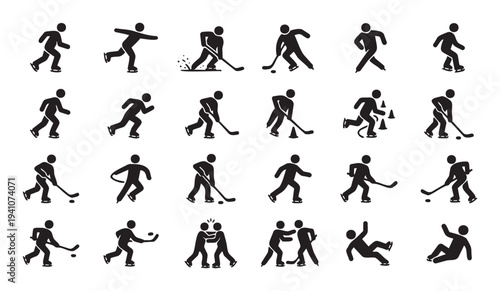 Dynamic ice hockey and ice skating stick figures illustrating diverse player actions, from puck handling and shooting to skating and checks, ideal for sports branding and winter game themes.