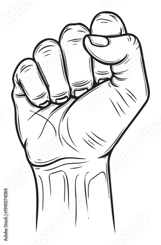 Dynamic black and white line drawing of a powerful clenched fist representing unity and resistance, perfect for designs promoting social justice, human rights, and political activism