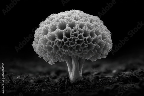 Intricate, textured fungi with honeycomb-like cap emerges from dark soil