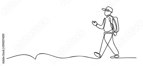 A continuous line drawing of a person walking with a backpack and cap, symbolizing travel, adventure, and exploration, ideal for concepts related to journey, tourism, or outdoor activities.