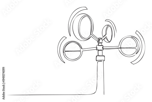 Continuous single line drawing of an anemometer, a weather instrument used for measuring wind speed and direction, ideal for educational resources, scientific publications, and