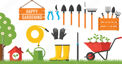 Gardening Tools and Equipment Vector Set with Wheelbarrow, Watering Can, Boots, Rake, Shovel and Garden Accessories