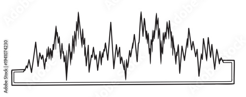 Abstract sound wave graphic featuring fluctuating peaks and valleys within a structured base, perfect for audio software interfaces, streaming platforms, and digital media applications