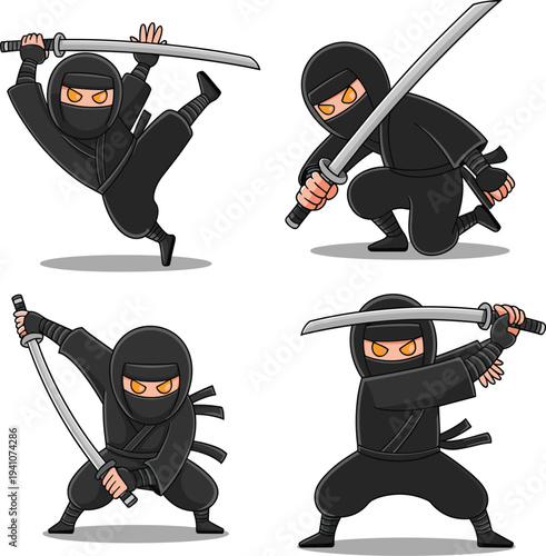 Ninja silhouettes, katana sword poses, martial arts illustration, combat stance artwork, stealth warrior design, action cartoon, Japanese fighter figure