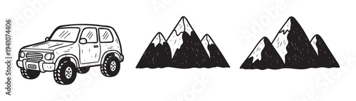 Off road adventure vehicle with rugged mountain landscapes in a stylized drawing perfect for travel related projects, outdoor enthusiast branding, and wilderness exploration content