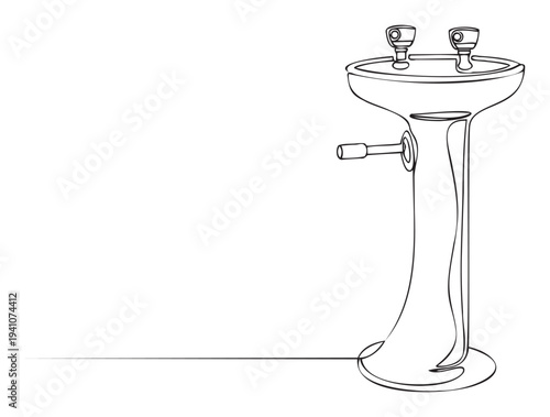 Continuous line drawing of a pedestal water fountain featuring two spouts and a push button lever, ideal for health, hydration, education, public facility, or sustainable lifestyle graphic