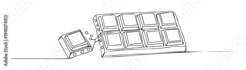 Minimalist single line drawing of a chocolate bar with one piece broken off, perfect for food industry advertisements, sweet treat promotions, or dessert recipe websites.