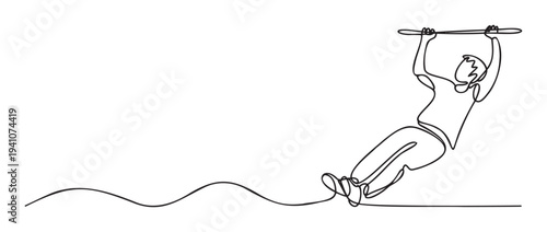 Continuous oneline drawing of a person doing a fitness exercise while hanging on a pullup bar, symbolizing strength and athletic training, perfect for sports branding or workout promotional