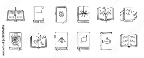 A collection of various hand drawn outline book icons depicting themes like knowledge, mystery, magic, and adventure for educational resources or literary related projects