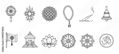 A collection of spiritual and religious symbols for meditation, yoga, and wellness applications, perfect for cultural studies, educational materials, or sacred practice promotional content.