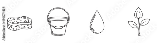 Hand drawn style icons representing household cleaning sponge, water bucket, water drop, and plant sprout for environmental protection and home maintenance themes