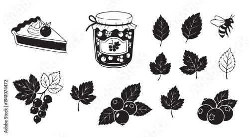 Provide charming monochrome vector graphics depicting delicious pie, homemade jam, fresh berries, and natural leaves, perfect for enhancing food product labels, recipe books, or cafe menu