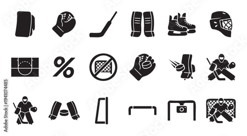 Comprehensive black ice hockey equipment and player silhouette icons for sports graphic assets, web interface design, or educational material projects.