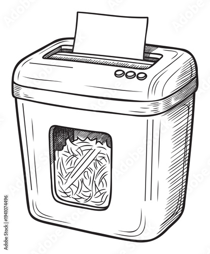 A detailed drawing of an office paper shredder actively destroying documents, perfect for business security presentations, confidentiality awareness campaigns, or office supply