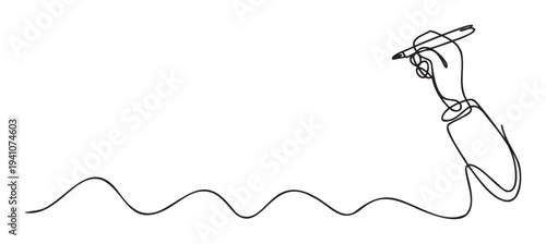 Continuous line drawing of a human hand holding a marker pen, actively drawing a flowing wavy line, perfect for educational materials, creative process concepts, or instructional graphics.