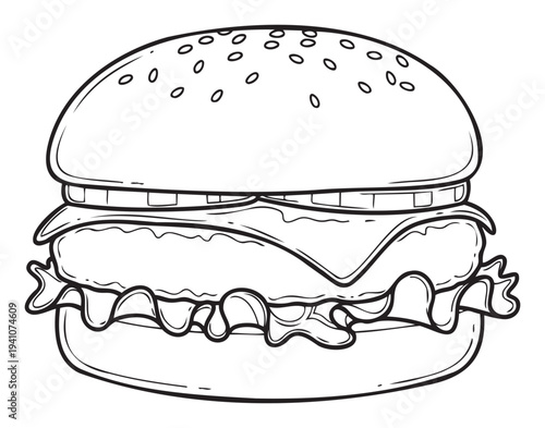 A simple black and white line drawing of a delicious stacked burger with sesame seeds on the bun, ready for coloring books, restaurant menus, or foodrelated graphic content for a fun