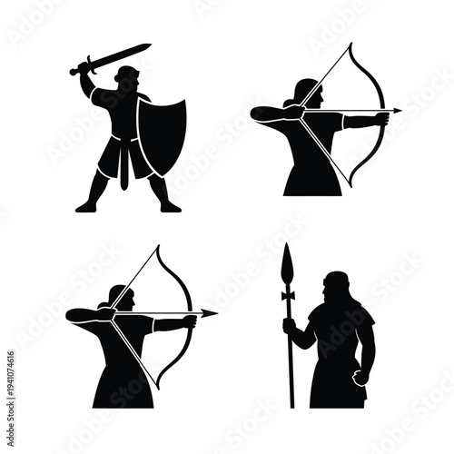 Medieval warriors depicted in silhouette a knight archers and a spearman