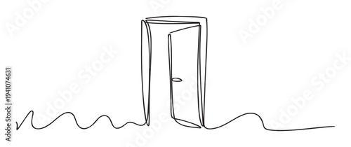 Minimalist one line drawing representing an open door symbolizing new opportunities and possibilities, perfect for conceptual designs, motivational presentations, or educational materials