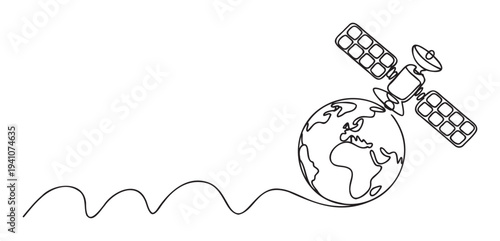 A continuous single line drawing of a satellite orbiting planet Earth with a flowing wave connection representing global communication and technological advancement for science and
