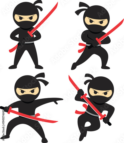 Ninja silhouettes, red sword poses, martial arts illustration, combat stance artwork, stealth warrior design, action cartoon figure, Japanese fighter icon