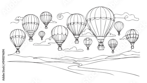 Stylized line drawing of many hot air balloons floating above a hilly landscape with a winding river, suitable for childrens activities, print media, and engaging visual content.