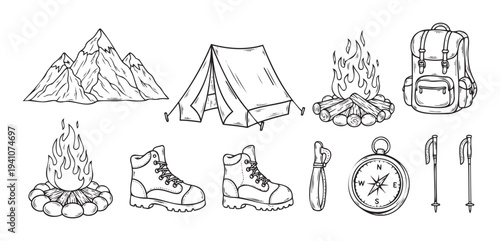 Outline icons for camping and hiking activities, featuring mountains, tent, campfires, backpack, boots, compass, trekking poles, for adventure themes.