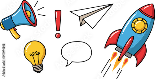 Startup Business Icons Vector Set with Rocket Launch, Megaphone, Light Bulb, Paper Plane and Speech Bubble Innovation Symbols