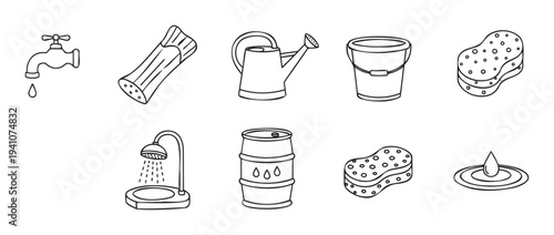 A collection of line icons depicting various water related objects and tools like a faucet, watering can, bucket, shower, and sponge, useful for environmental campaigns and daily life