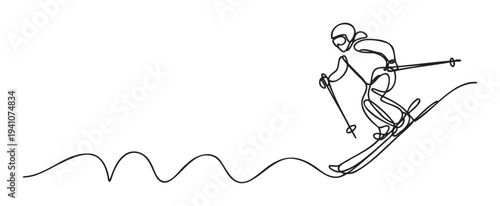 Stylish continuous single line drawing of a professional skier downhill skiing on a snowy mountain, suitable for active lifestyle advertisements and winter sports marketing
