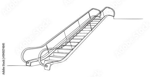 A simplified continuous line drawing of an escalator with moving steps and handrails, perfect for illustrating urban transportation concepts or architectural schematics.