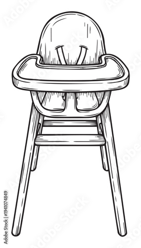 Classic high chair line drawing suitable for childrens spaces and mealtime areas, perfect for baby product advertisements, educational materials, and domestic interior layouts.