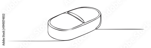 Minimalist continuous line drawing of a pharmaceutical capsule or tablet, ideal for healthcare, medicine, or wellness related graphic materials and educational content.