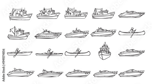 Collection of handdrawn boat and watercraft icons including fishing vessels, yachts, canoes, and kayaks for marine transport and leisure activity themes.