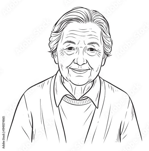Senior woman with a warm smile presented in a black line drawing style, perfect for educational materials, coloring books, or friendly profile representations for various projects
