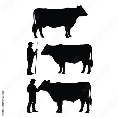 Silhouettes of cattle and farmers in a rural landscape setting