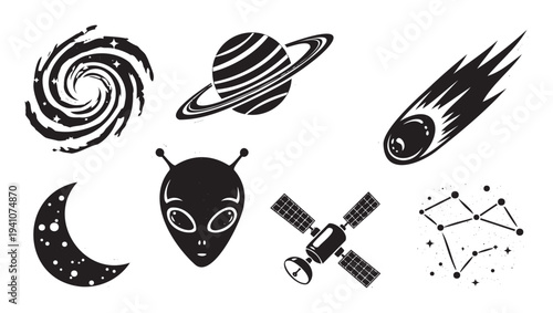 Collection of outer space symbols including a swirling galaxy ringed planet bright comet crescent moon alien head communication satellite and shining constellation for astronomy projects
