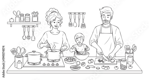 Happy family with mother, father, and child enjoying time together in the kitchen cooking a healthy meal, perfect for educational content or lifestyle publications
