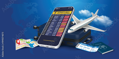 Mobile phone with flight status board on screen showing delays and cancellations at the airport, digital travel concept with luggage, passport, and boarding pass on a world map background