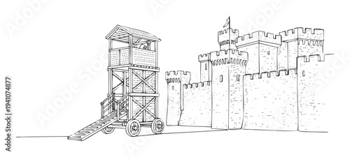 Line drawing of a medieval siege tower with a wheeled ramp next to a fortified stone castle wall with battlements, depicting historical warfare and strategy for educational materials or