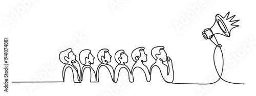 Minimalist continuous line drawing portraying a queue of individuals listening to a loudspeaker message, ideal for concepts of public speaking, news, and information dissemination
