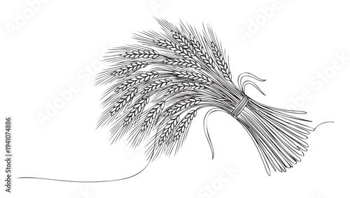 Black and white outline drawing of a tied bundle of wheat ears perfect for harvest festival themes or agricultural farm publications and food product packaging.