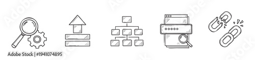 Hand drawn vector icons illustrating concepts like search optimization, data upload, organizational structure, password security, and broken links useful for web and app development.